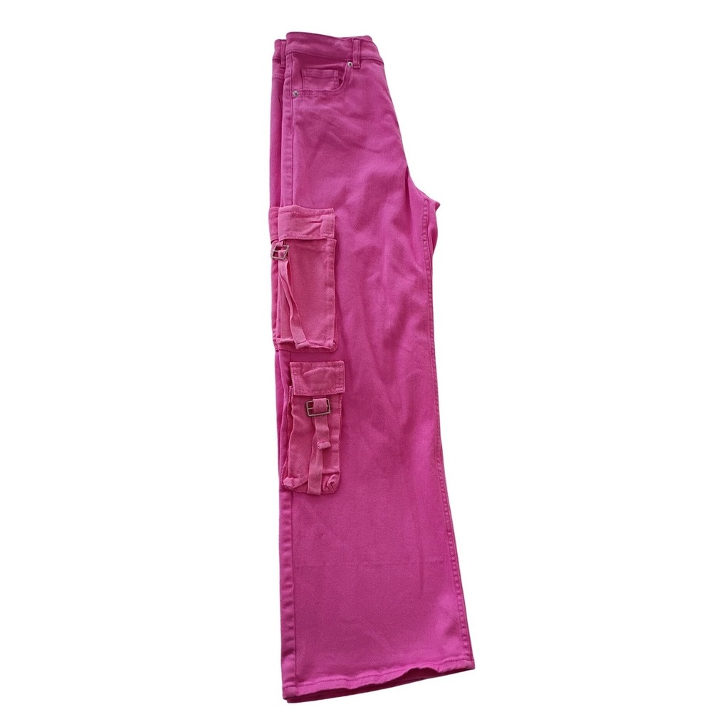 Hot Pink Cargo Jeans Wide Leg High Waisted Denim Pants - Picture 2 of 9